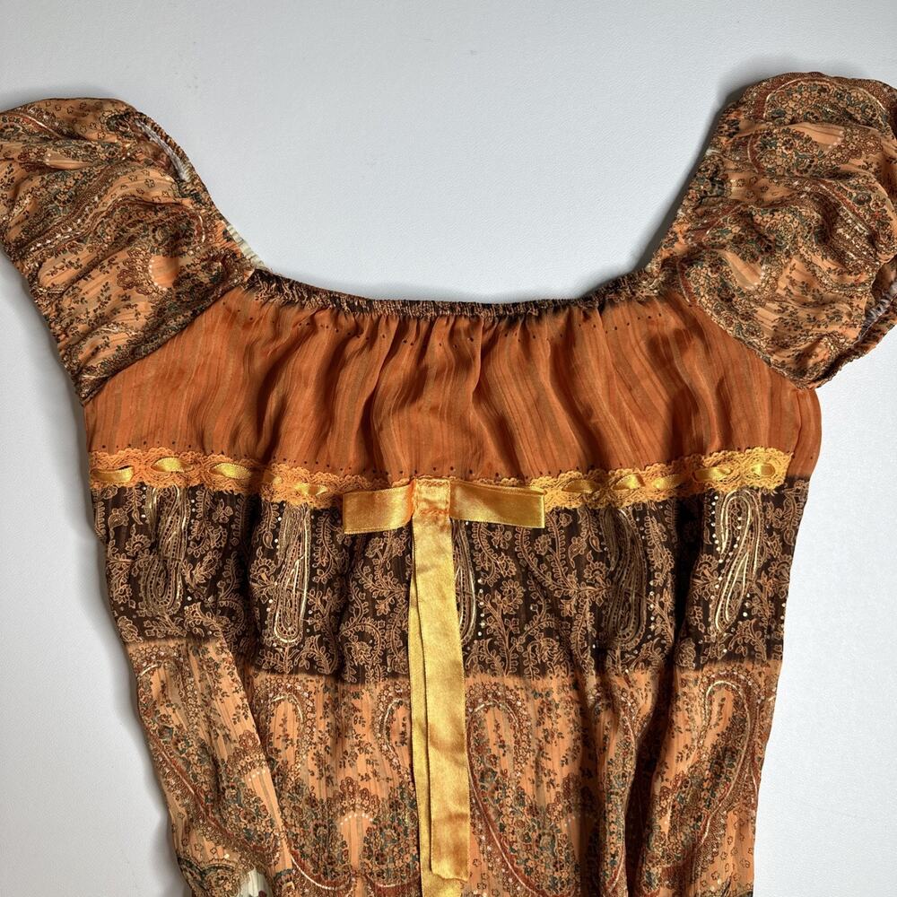Vintage Boho Patchwork Size Small Top Puff Sleeve Floral Paisley Y2K Milkmaid - Picture 6 of 12